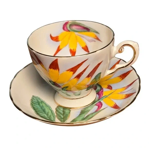 Vintage Demitasse Cup and Saucer Tuscan BIRD OF PARADISE Hawaiian Flower SCARCE! - Picture 1 of 7